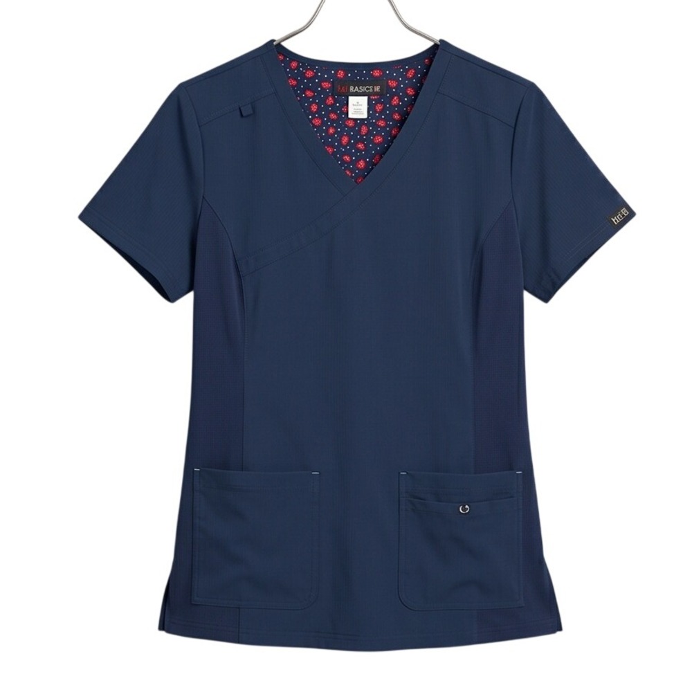 Koi‎ Basics L Becca Mock Wrap Scrub Top Navy Blue Floral Trim Medical Uniform